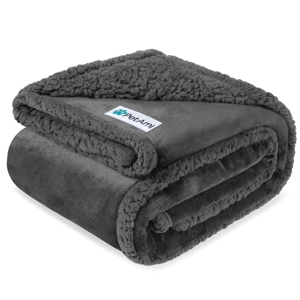 PetAmi Waterproof Dog Blanket Large 60x40 Reversible Sherpa Fleece Grey